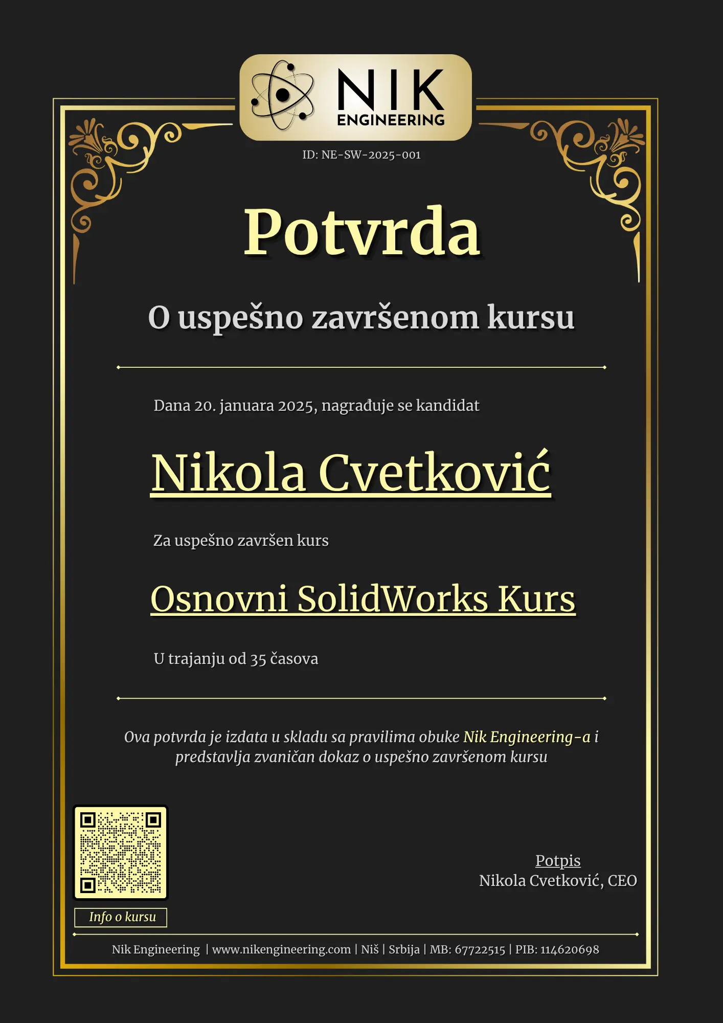 Osnovni SolidWorks Kurs Potvrda