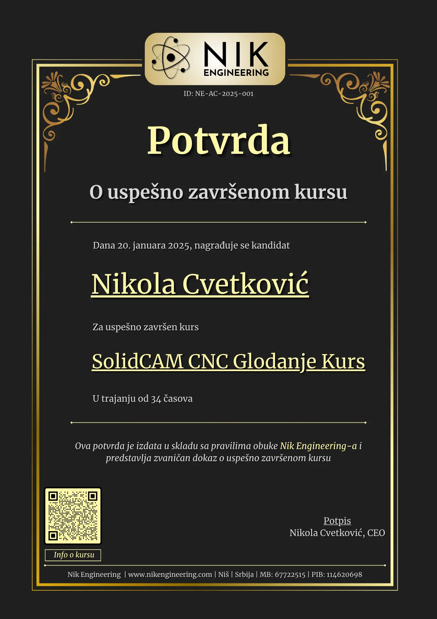 SolidCAM Glodanje Kurs Potvrda