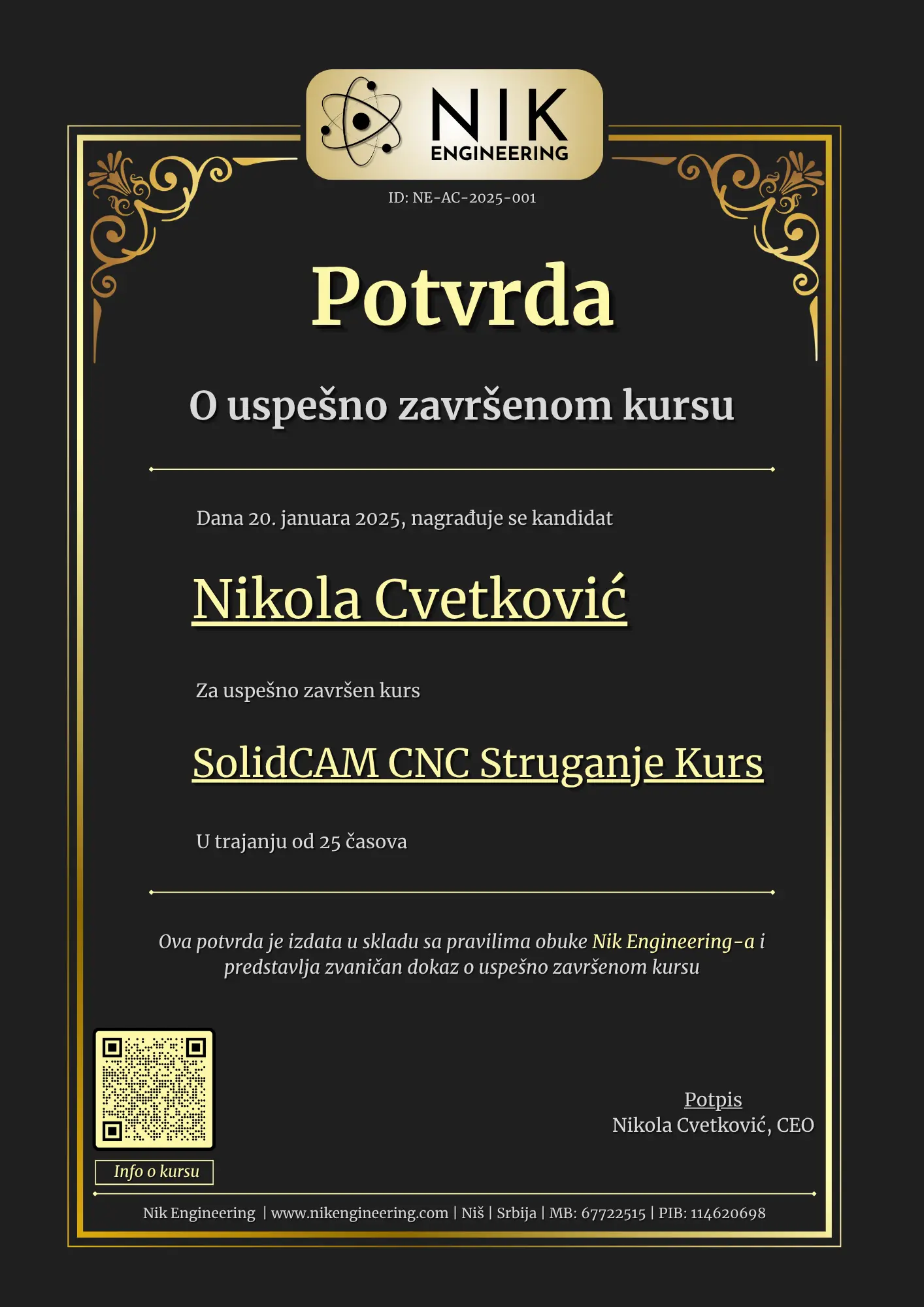 SolidCAM Struganje Kurs Potvrda